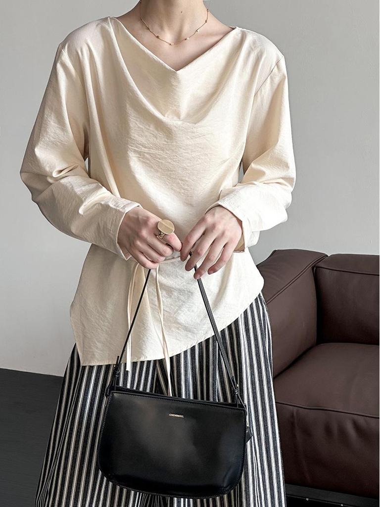 Orange Zhi Spring Women's Tie-Up Loose Fit Shirt with Stacked Collar - Versatile, Simple, and Stylish