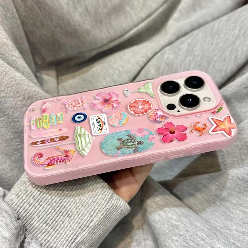 Folds Texture Soft Phone Case For iPhone 16 15 14 13 12 11 Pro Max 15 Plus Summer Ocean Flower Seahorse Turtle Print Cover