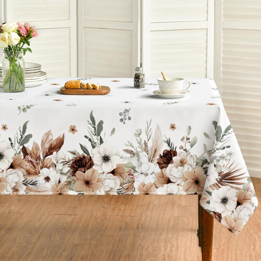 Horaldaily Spring Tablecloth 60×84 Inch Rectangular, Boho Naturalistic Style Brown Flower Washable Seasonal Table Cover for Party Picnic Dinner