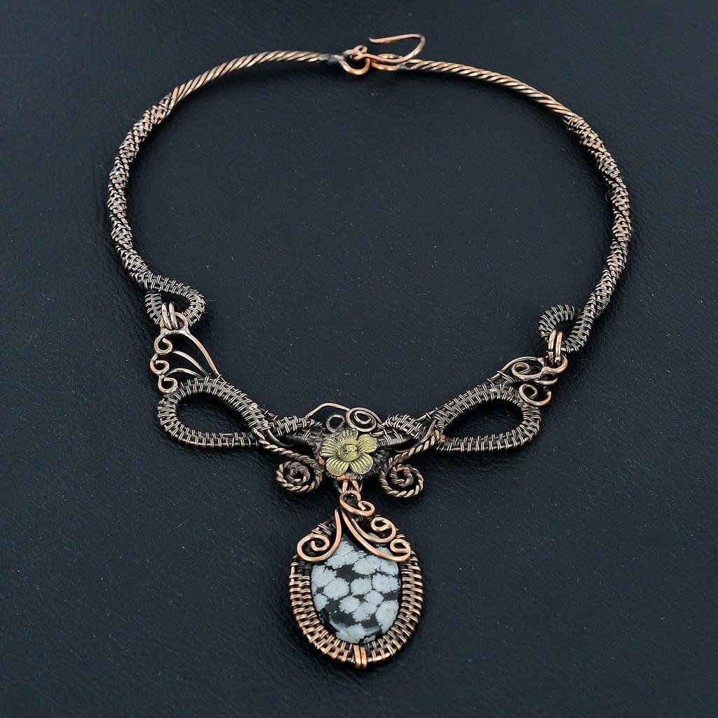 Snowflake Obsidian Necklace, 999 Copper Wire Wrapped Gemstone Handmade Dainty Jewelry Necklace, Adjustable Chain Necklace Gift For Her