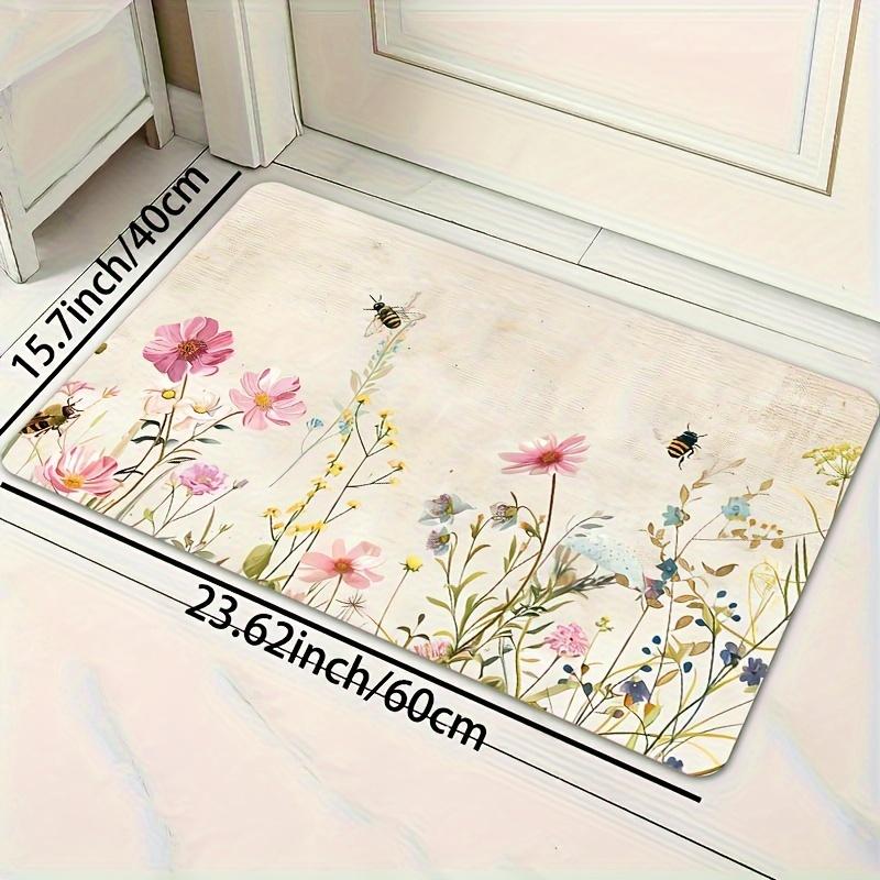 1Pcs Anti Fatigue Kitchen Rugs,Floral and Bee Print Waterproof Non-Slip Thick Cushioned Kitchen Mat Heavy Duty Comfort Standing Mat for Kitchen