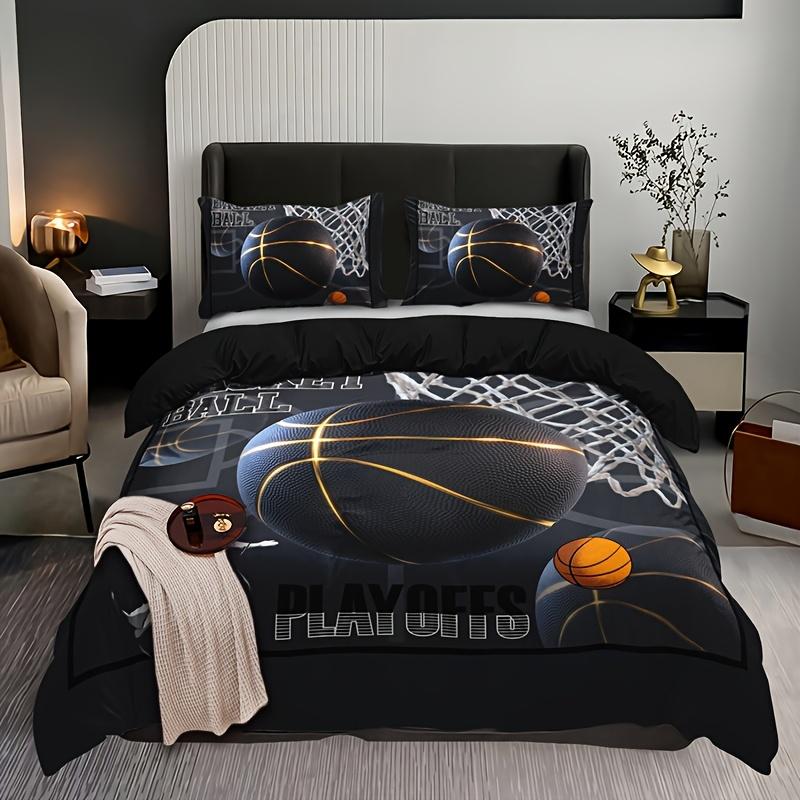 Young Boys Basketbal Print Beding Set Sports Theme Soft Duvet Cover For Children Kids Tens Bal Warm Comforter Cover Balck Bedspread Cover Rom Decor