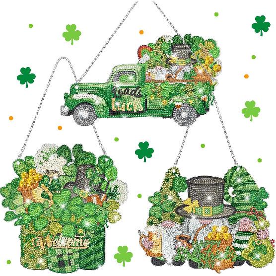 Burbell 3 Pcs St. Patrick s Day Diamond Painting Kits DIY Diamond Painting Hanging Sign Shamrock Gold Coin Beer Truck Gnome Art Kit for St. Patrick s