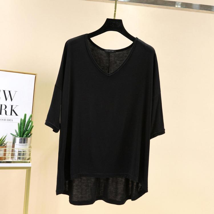 Women Casual Comfortable Summer Loose Fit Large Size Modal V Neck T Shirt Half Sleeve High Low Hem Top