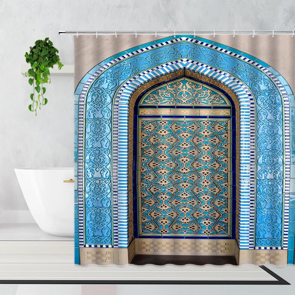 Tenda da Doccia Marocchina 3D Cancello Invecchiato Motivo Geometrico Design Porta d'Ingresso Ingresso Stile Orientale Architettonico Tende da Bagno