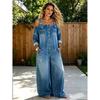Loose Fit Bodycon Romper for Women Summer Denim Suspender Jumpsuit Long Sleeve Off Shoulder Overalls with Adjustable Straps