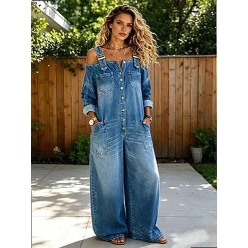 Loose Fit Bodycon Romper for Women Summer Denim Suspender Jumpsuit Long Sleeve Off Shoulder Overalls with Adjustable Straps