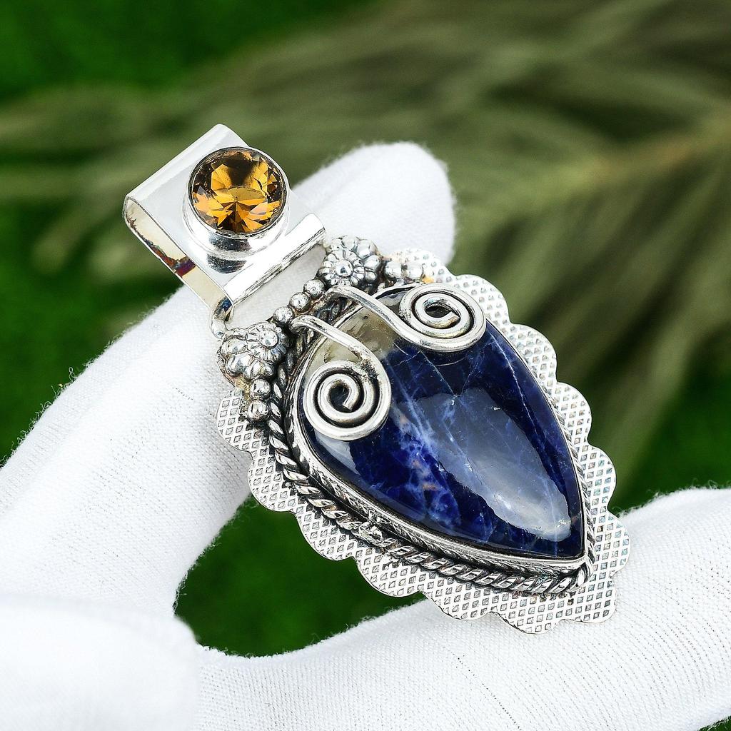 925 Sterling Silver Sodalite Stone Honey Topaz Bezel Elegant Birthday Pendant