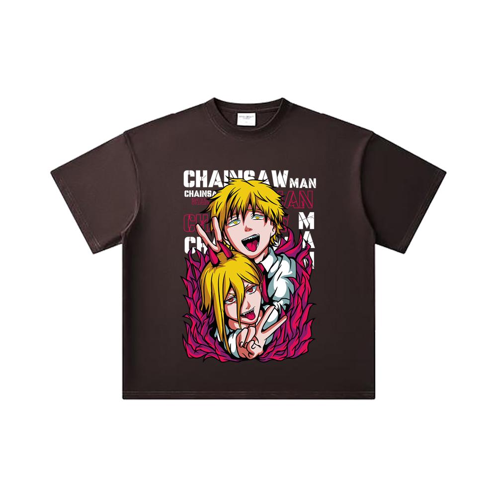 260 GSM Double Yarn 32 Count 100% Cotton Chainsaw Man V39 Denji Power Print Unisex Heavy Cotton T Shirt