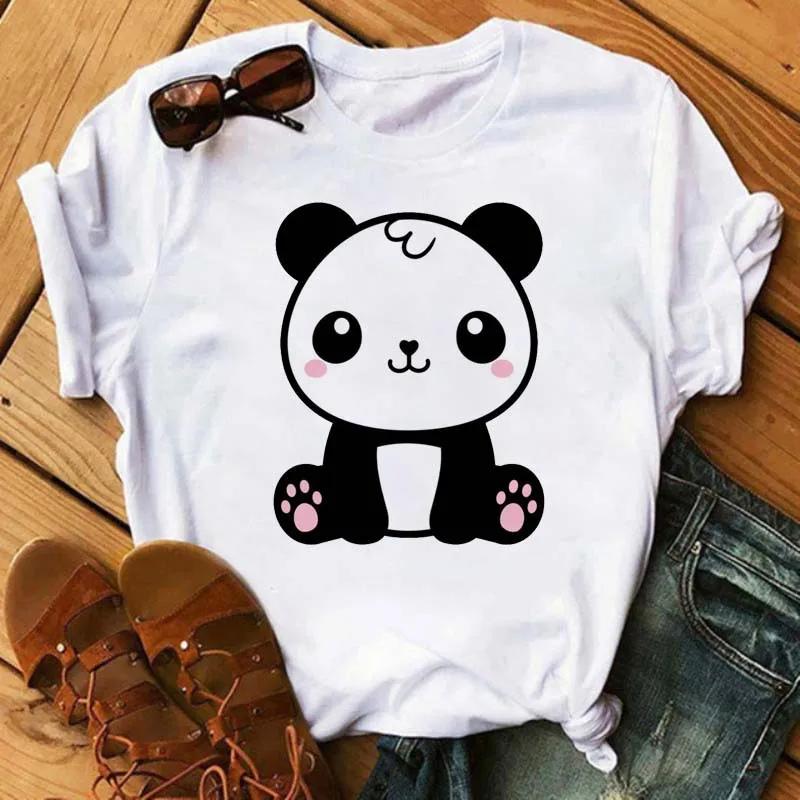 Cute Panda With Sunglasses Graphic Women T-Shirt Minimalist Black Line Animal Print Short Sleeve Casual Streetwear Tee