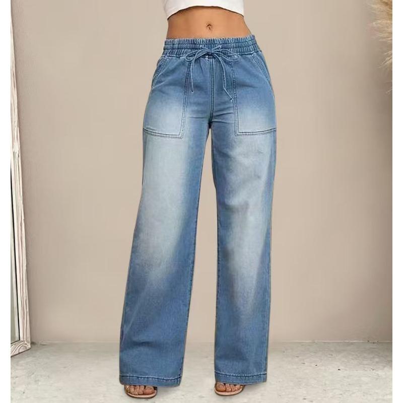 Women S Wide Leg Drawstring Elastic Waist Relaxed Fit Casual Denim Jeans