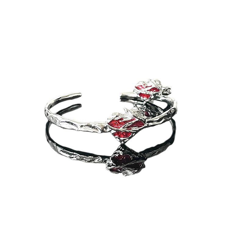 Fashion Punk Red Crystal Heart Irregular Open Adjustable Ring Bangle For Women Personality Vintage Aesthetic Jewelry Accessories
