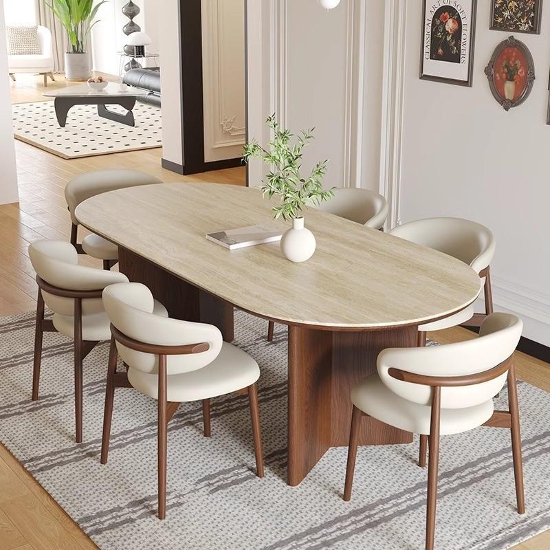 Mid-Century Style Oval Travertine Dining Table & Chair Set with French Solid Wood