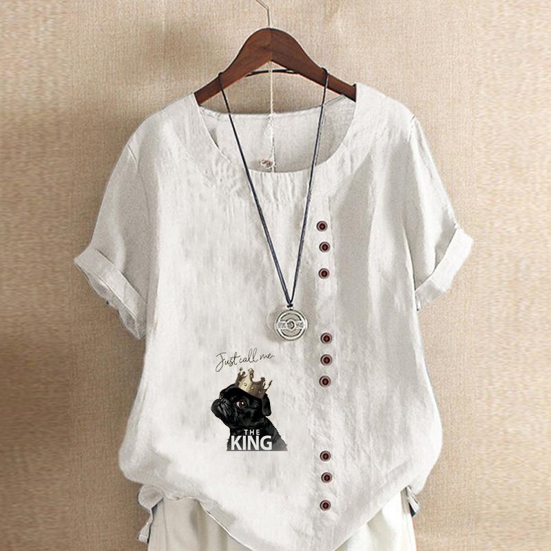Women's Fashion Dog Letter Prined Round Neck Short Sleeve T-shirt Casual Cotton Linen Graphic Shirt Leisure Loose Summer Blouse Tops