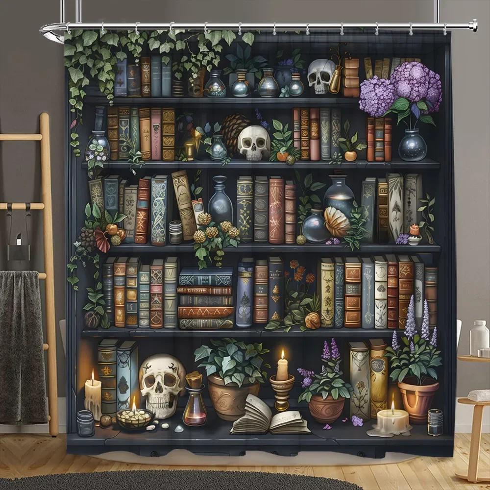 

Vintage Library Shower Curtain Old Book Bookshelf Skull Halloween Candles Floral Plant Home Polyester Fabric Bathroom Decor Set 90x180cm35x71in