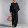New women's solid color long-sleeved suit casual cotton and linen lantern sleeves top and trousers two-piece set