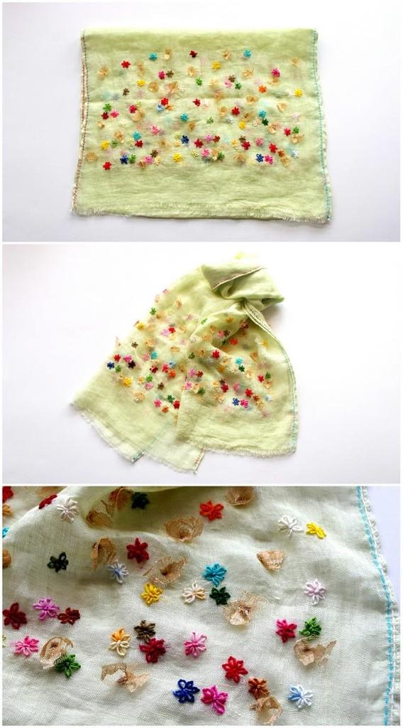 All Over the Linen Stole Embroidered Scarf Floral Ribbon Gauze Hemp Handmade Green [.a World] 100% Women's (Light Green)