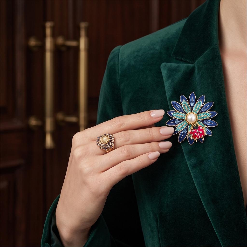 Luxury Retro Flower Brooch with Pearl and Rhinestone Inlay - Elegant Women's Corsage Pin.