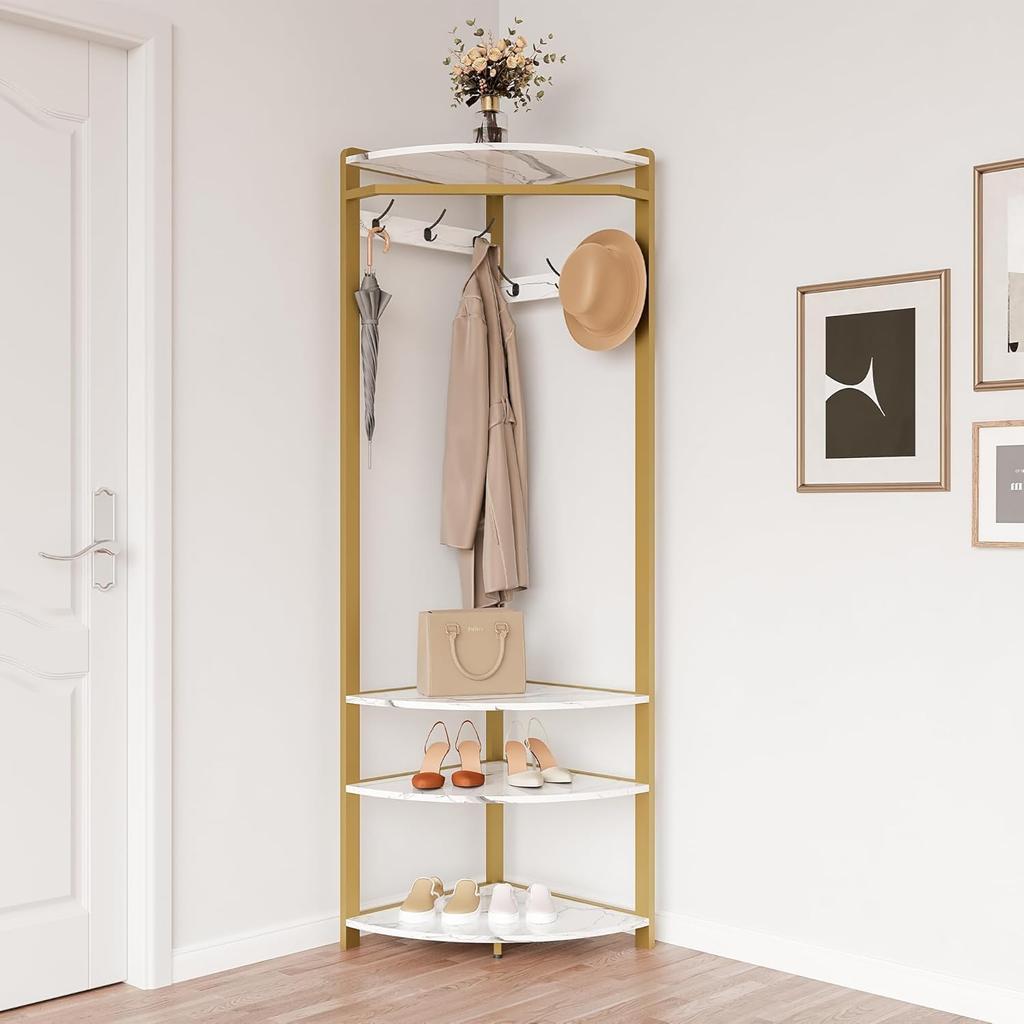 Corner Coat Rack Stand Freestanding Hall Tree with 6 Hooks & 3 Shelves,Entryway Storage for Living Room Entryway
