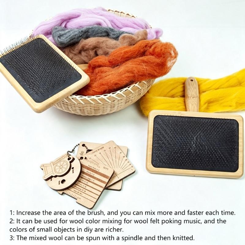 Wool Carding Brush Set with Wooden Handle, Dense Metal Bristles, 4.0MM Knitting Needle and Storage Pouch for Fiber Craft Project