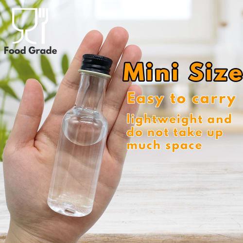 30-Pack Mini Liquor Bottles, Airtight Plastic Spirit Bottles with Black Caps, 1.7 oz Empty Alcohol Shot Bottles, and 10 Funnels. Perfect for Weddings,