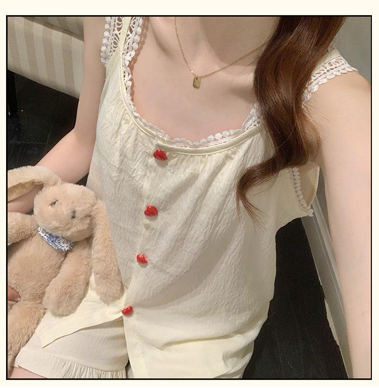 2026 Summer Cloud Cotton Pajama Set with Built-in Bra for Women - Princess Style Camisole & Round Neck Sweet Homewear