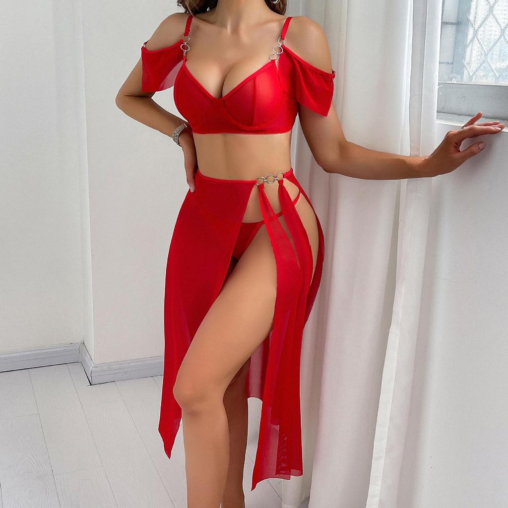 Sexy Mesh Ruffle High-Waist Slit Lingerie Three-Piece Set