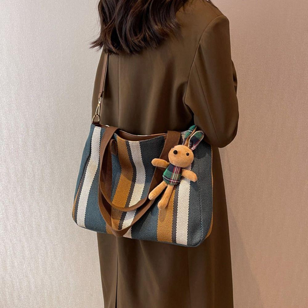 Versatile Stripe Tote Bag Casual Women's Bags Trendy Canvas Shoulder Bag  Shopping Bag