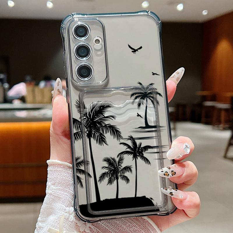 Coconut Tree Print Clear Card Slot Case For Samsung S25 S24 FE S23 Ultra A56 A36 A16 A55 A35 A15 Slim Soft Silicone Shockproof Phone Cover