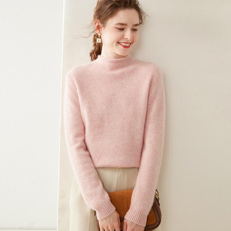 Women's Cloud-Like Cashmere Pullover Sweater - Rolled Hem, Thick, Double-Strand Knit, Half-High Neck