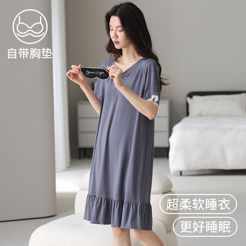 Modal pajamas women's one-piece pajamas with chest pads, short-sleeved dresses, cotton and silk ruffle leaf edge loungewear summer