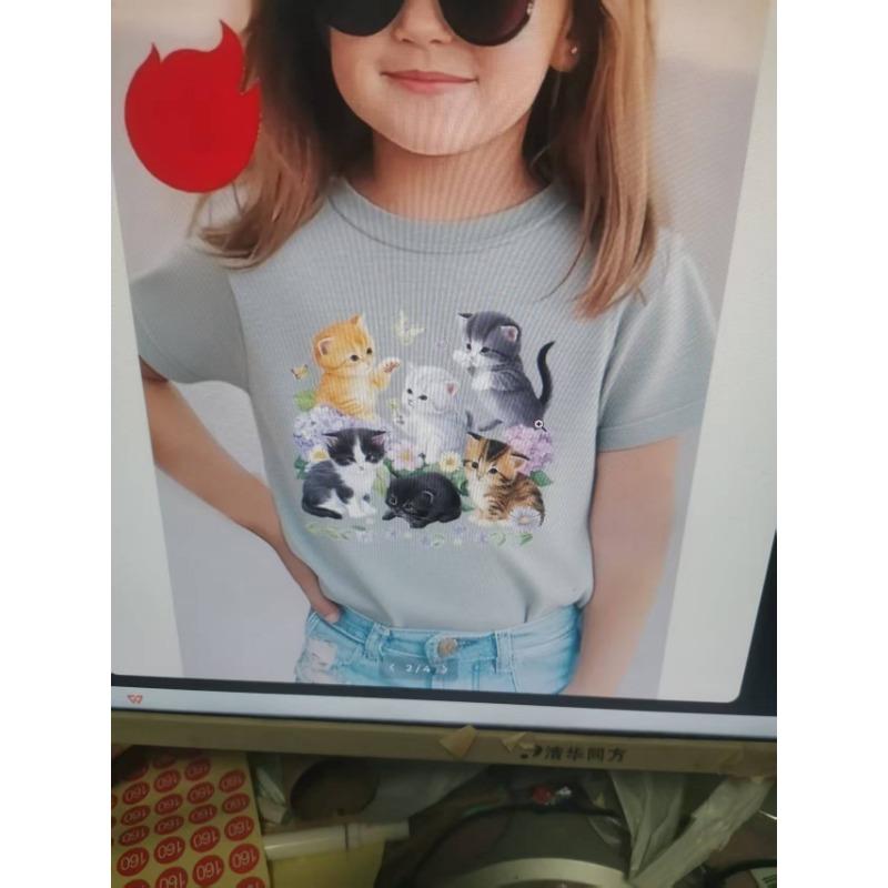 Dívčí tričko s potiskem kreslené kočky Polyesterové Letní Oblečení pro malé školačky Krátký rukáv Dětský top Kawaii Trička Dívčí topy