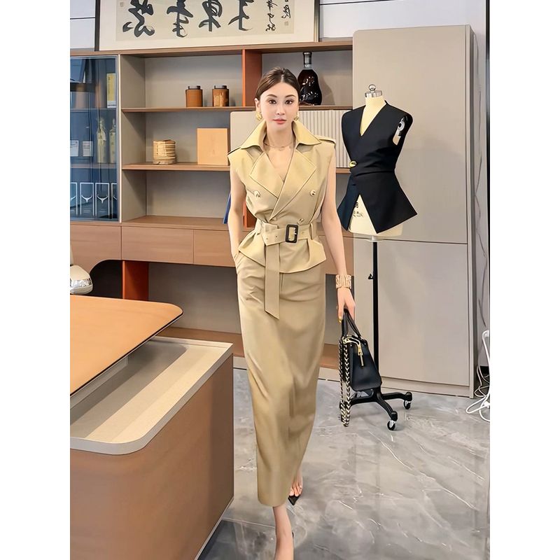 

Повседневный костюм в французском стиле, жилет, юбка, женский летний тонкий жилет с лацканами, приталенный, без рукавов, топ, юбка, комплект из двух предметов Khaki Suit S