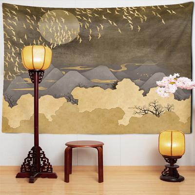 Berge Sonne Mond Landschaft Druck Wandteppich Zugvögel Fliegen Wandbehang Wandteppich Makramee Wandbehang Heimkunstdekor