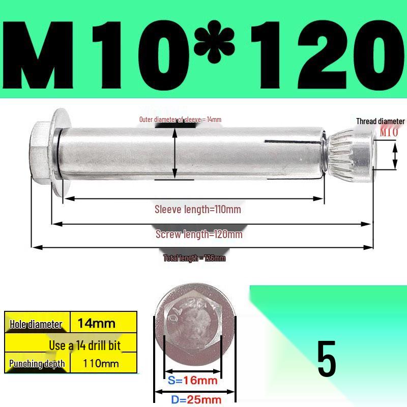Stainless Steel Expansion Screw: Hexagonal Head with Internal Expansion (304/201), Sizes M6, M8, M10, M12.