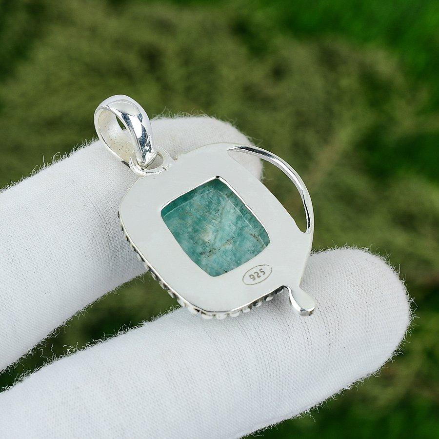 925 Sterling Silver Radiant Amazonite Gemstone Mother Bezel New Pendant Jewelry