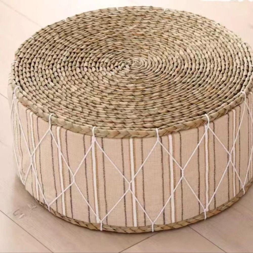 Hand-Woven Floor Cushion Round Shape Ottoman Stool Rustic Style Woven Stool  Living Room