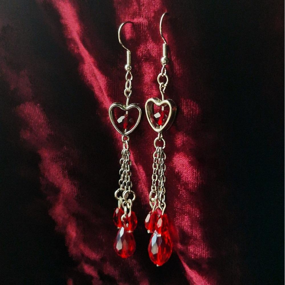 Charm Gothic Sliver Color Hollow Heart-shaped Pendant Red Teardrop-shaped Tassels Dangle Earrings for Women Halloween Jewelry