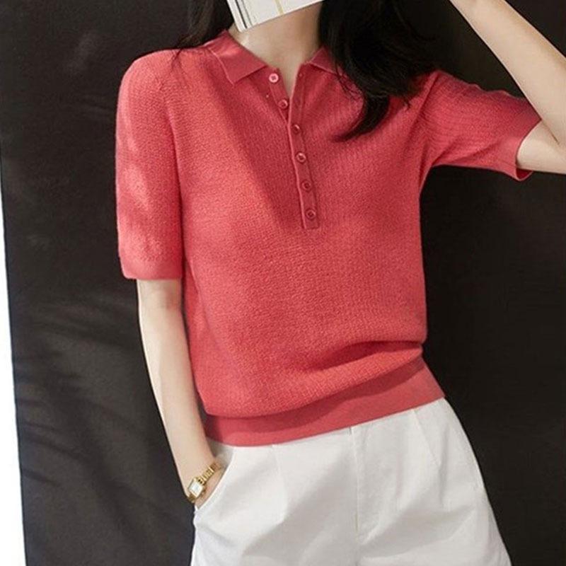 Women's Ice Silk Short Sleeved T-shirt Summer Thin Polo Collar Knitted Top