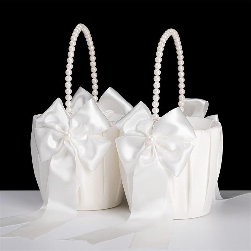 Weißer Hochzeitsblumenkorb Satin Perlen Schleife Blütenblätter Konfetti Mädchenkorb Für Hochzeit Verlobungsparty Dekoration