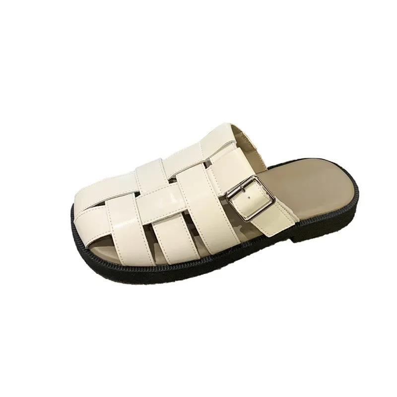 Módní dámské vyřezávané baotou pantofle jaro 2025 nazouvací ploché pletené poloviční pantofle líné cool pantofle