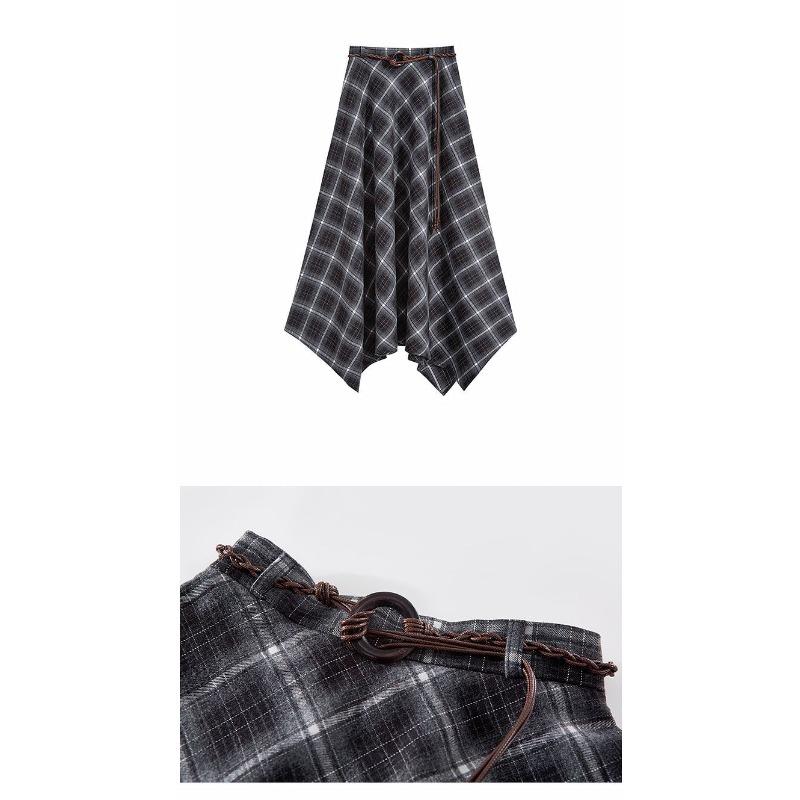 Autumn Retro Plaid Skirt Women High Waist A Line Midi Length Irregular Hem Vintage Fashion