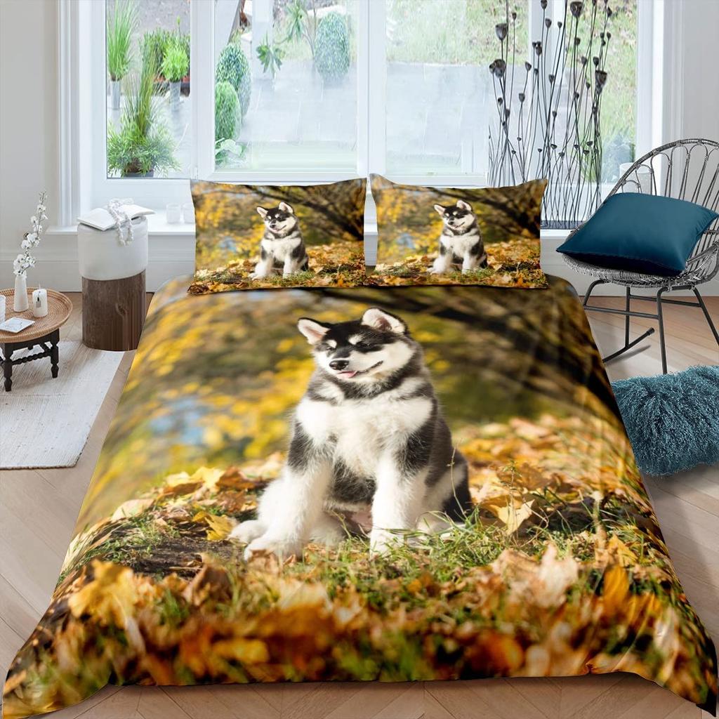 Husky Duvet Cover Puppy Pet Flower Floral Jungle Natural Scenery Cute Animal Bedding Set Polyester Double Queen King Quilt Cover