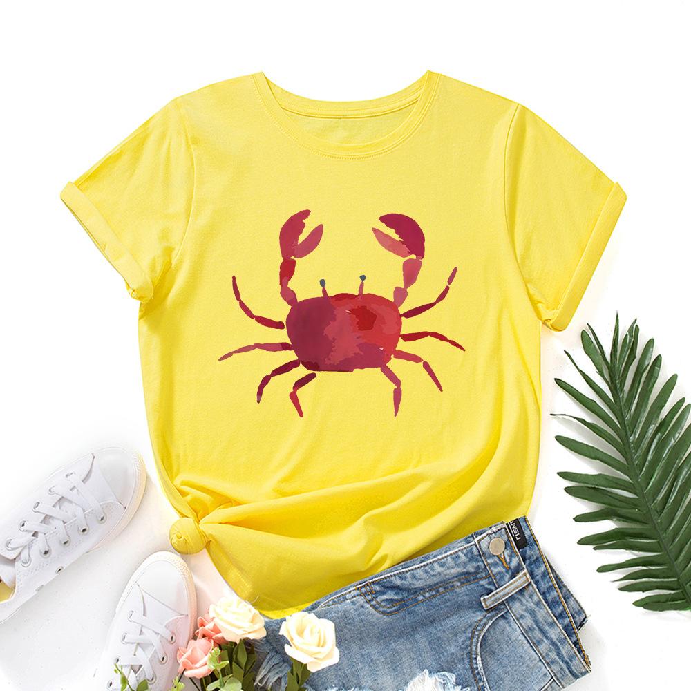 Fashion Women's Clothing Cute Crab Print Loose Crew Neck Short Sleeves T-Shirts Women’s