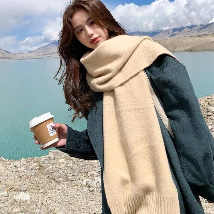 WTEMPO Women's Thickened Windproof Cold-proof Versatile Casual Scarves Solid Color Winter Long Warm Knitted Scarves
