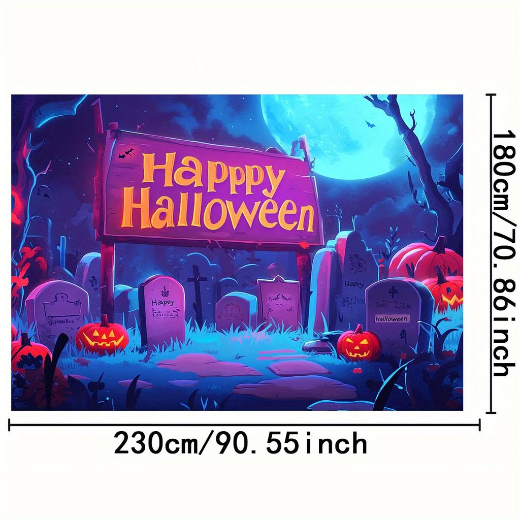 1 piece of Halloween polyester background cloth - Happy Halloween slogan cemetery scene suitable for Halloween decoration