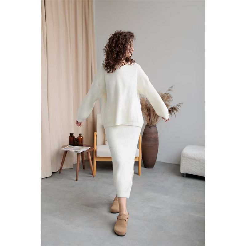 

Модный новый трикотажный костюм с юбкой с разрезом, вязаный свитер и комплект юбки Beige One size