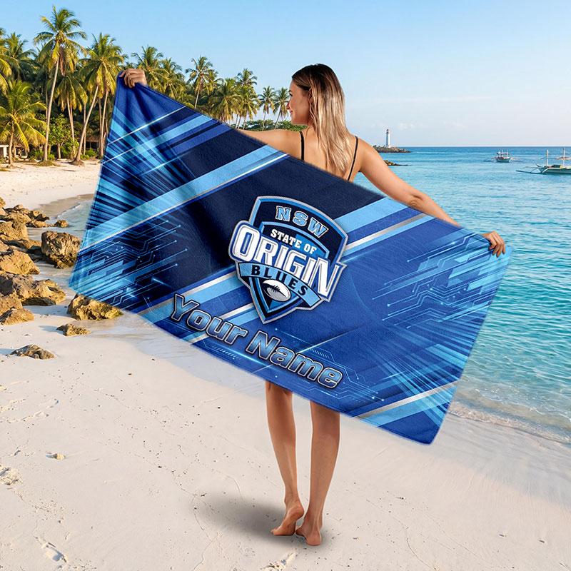 NSW Blues Customized Name Text Beach Towel, Soft Absorbent Towel Beach Pool Travel Personal Gift