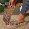 Fashion Straw Hemp Rope Simple Middle Heel Slippers Hollow Sexy Thick Bottom Casual Beach Slippers