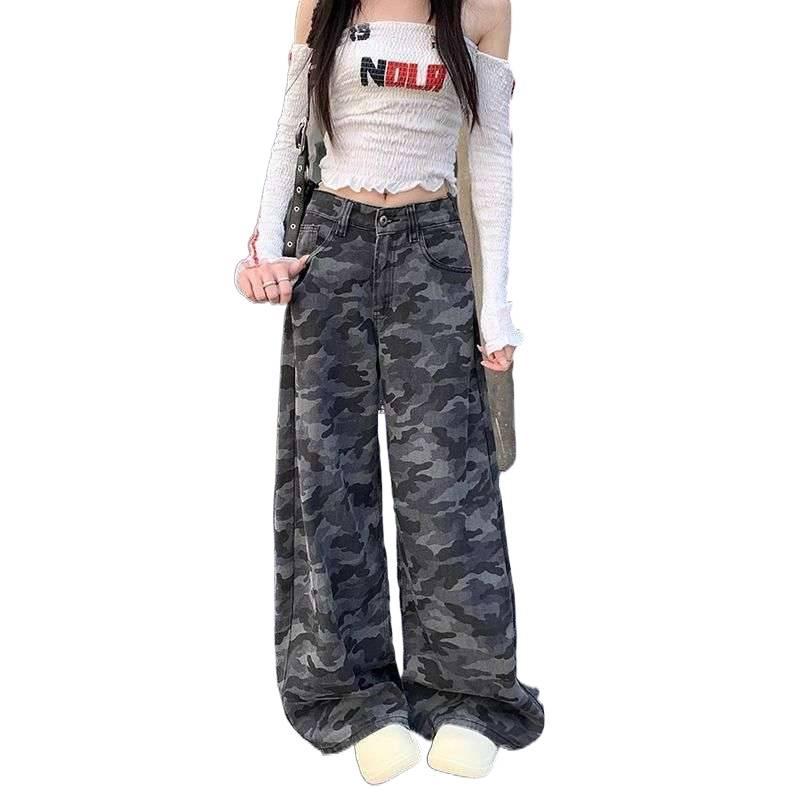 American High Street Retro Camouflage Wide-Leg Jeans, Women's Autumn High-Waist Loose Pants